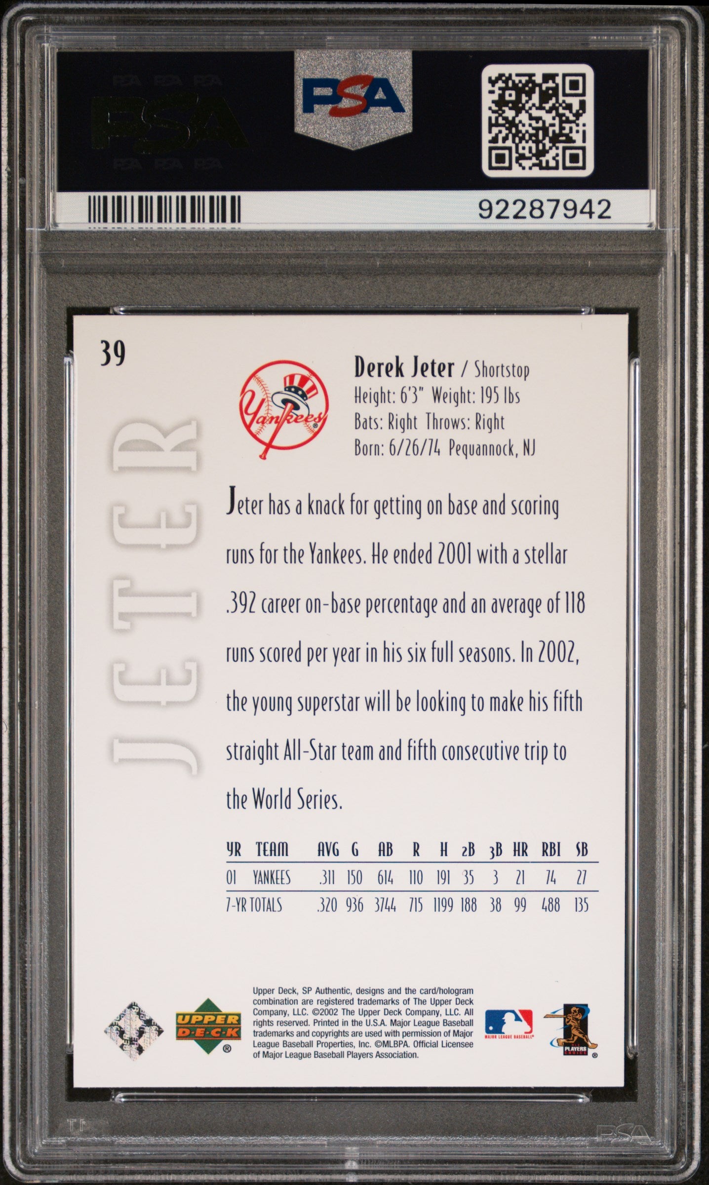 2002 SP Authentic Derek Jeter #39 PSA 10