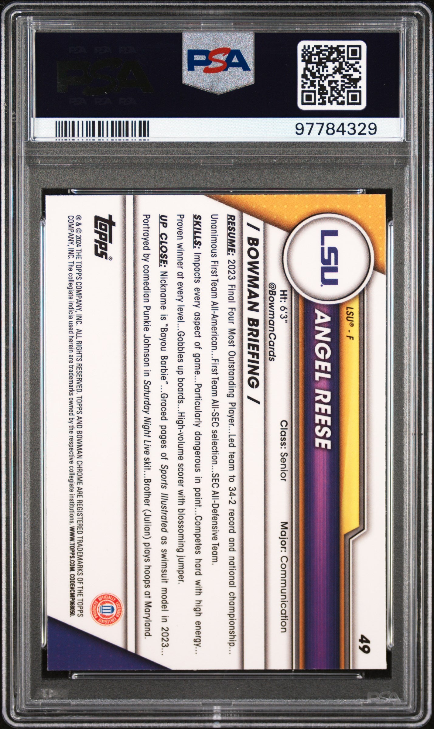 2023 Bowman University Chrome Sapphire Angel Reese #49 PSA 10