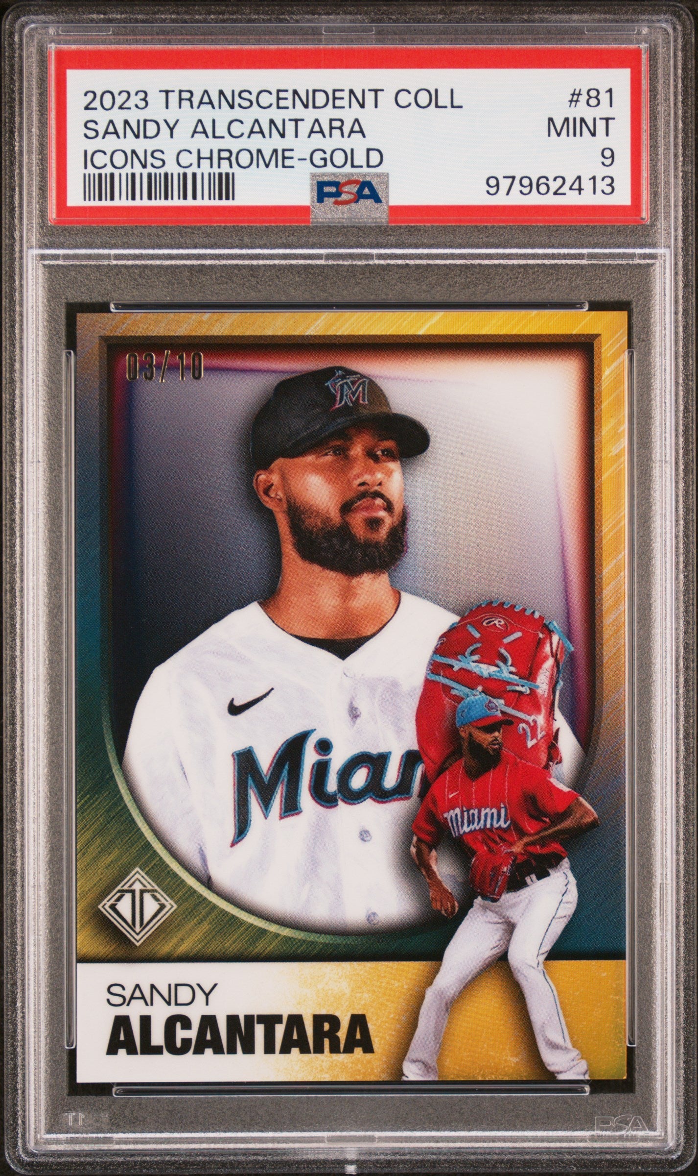 2023 Topps Transcendent Collection Transcendent Icons Chrome Gold Sandy Alcantara #81 /10 PSA 9
