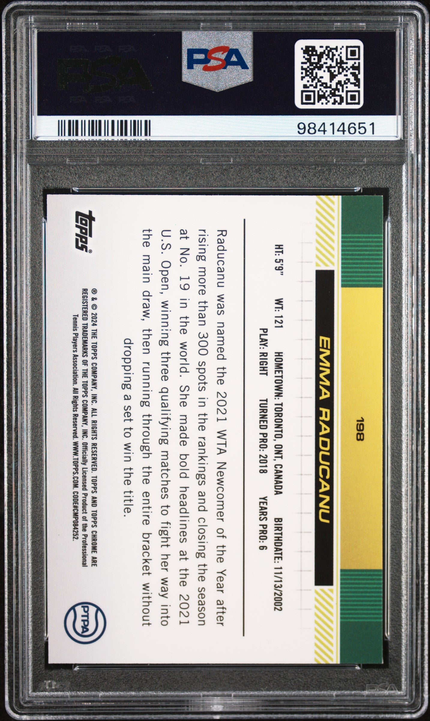 2024 Topps Chrome Sapphire Tennis Green Emma Raducanu #198 /125 PSA 9