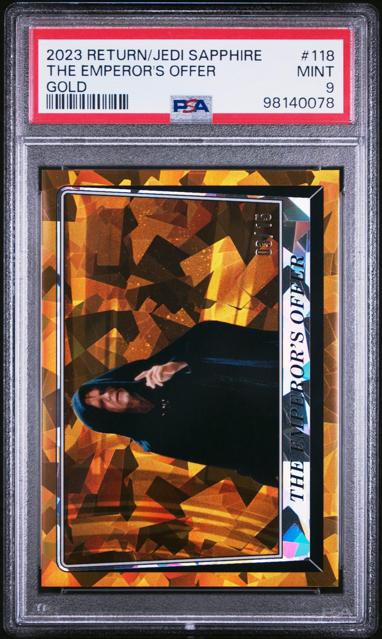 2023 Topps Chrome Sapphire Star Wars Return of the Jedi Gold the Emperor's Offer #118 /15 PSA 9