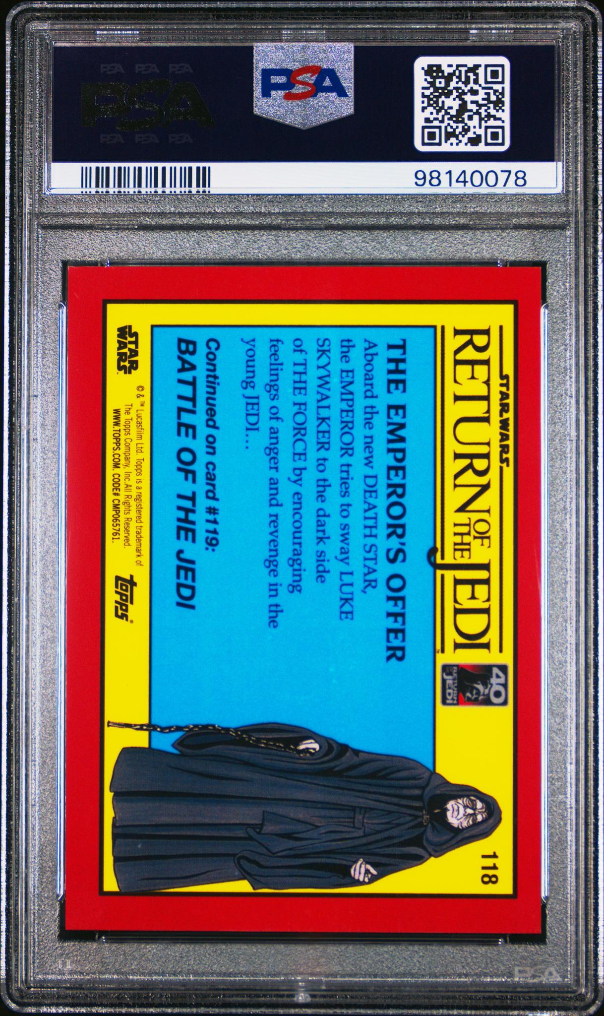 2023 Topps Chrome Sapphire Star Wars Return of the Jedi Gold the Emperor's Offer #118 /15 PSA 9