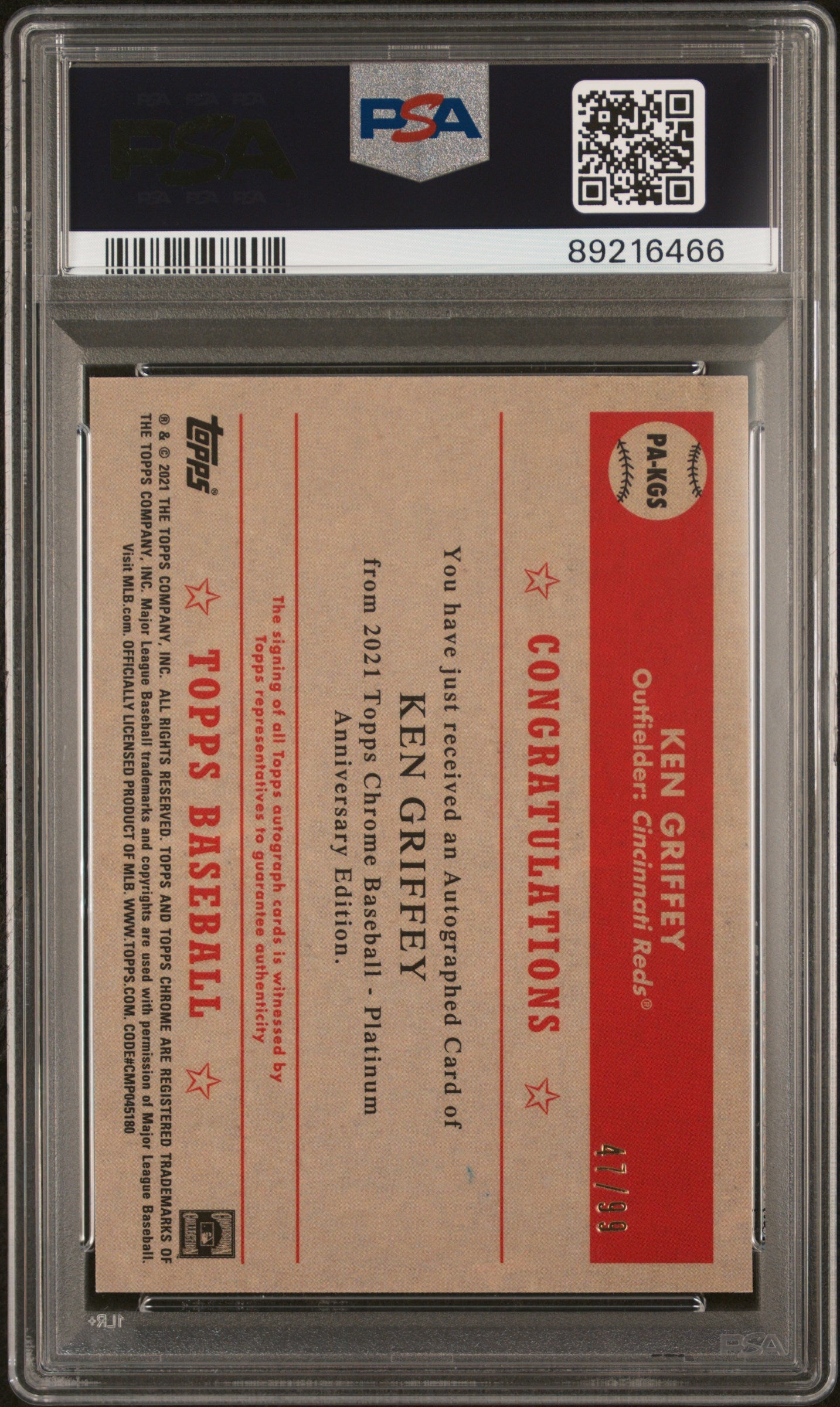 2021 Topps Chrome Platinum Anniversary Autographs Blue Prism Refractor Ken Griffey #KGS /99 PSA 9