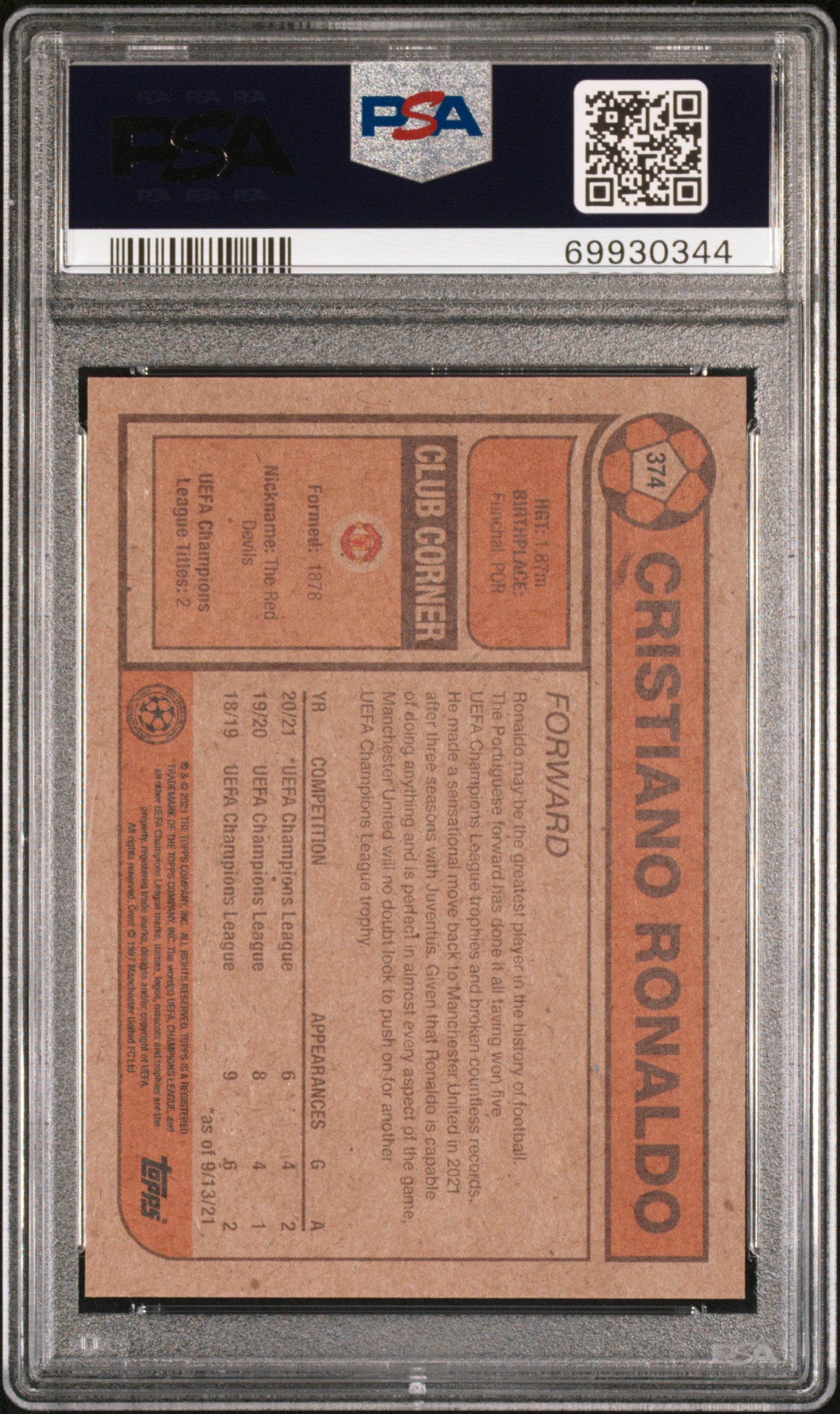 2021 Topps Living UEFA Champions League Cristiano Ronaldo #374 PSA 10