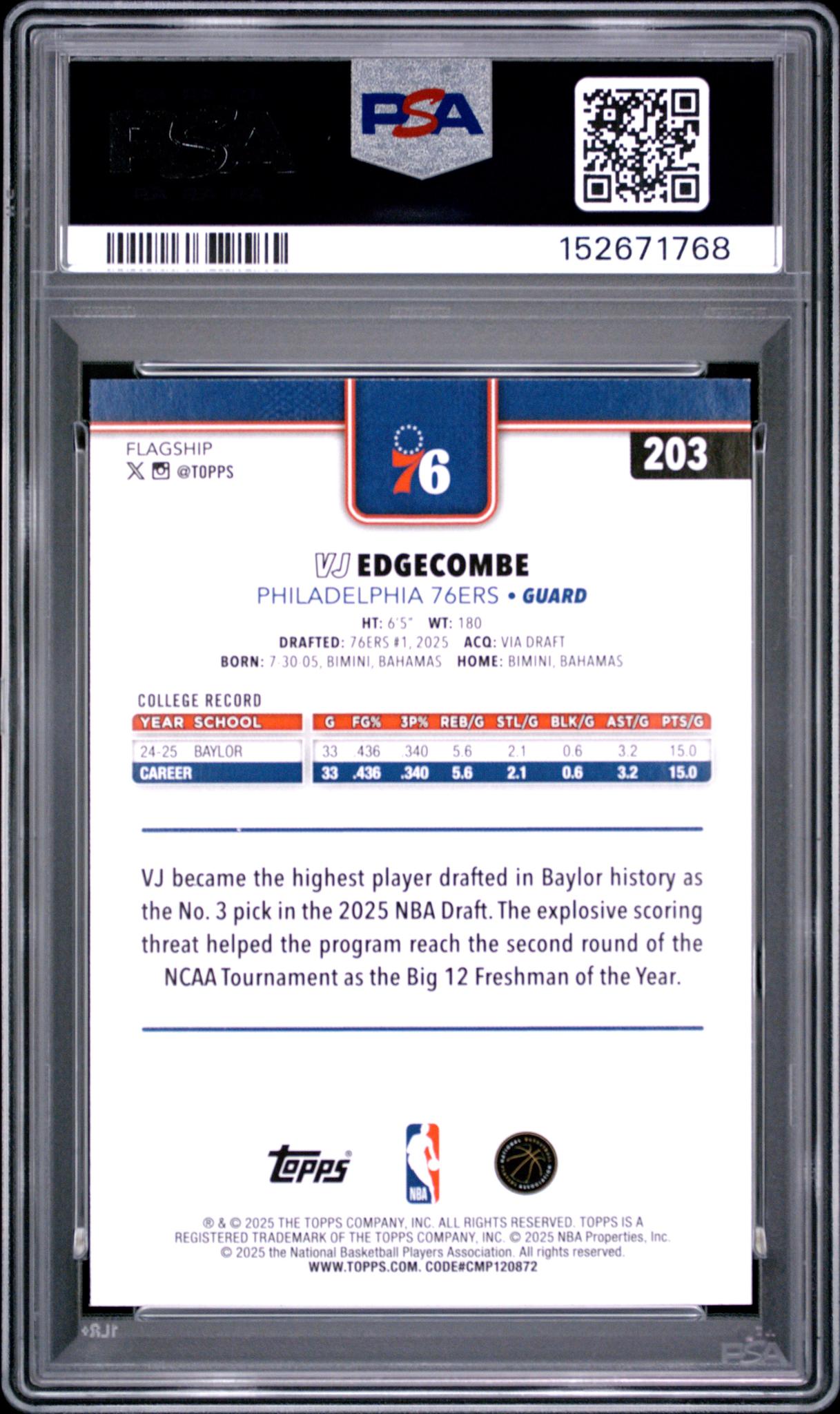 2025 Topps Series 1 Holo Foil Vj Edgecombe #203 PSA 9