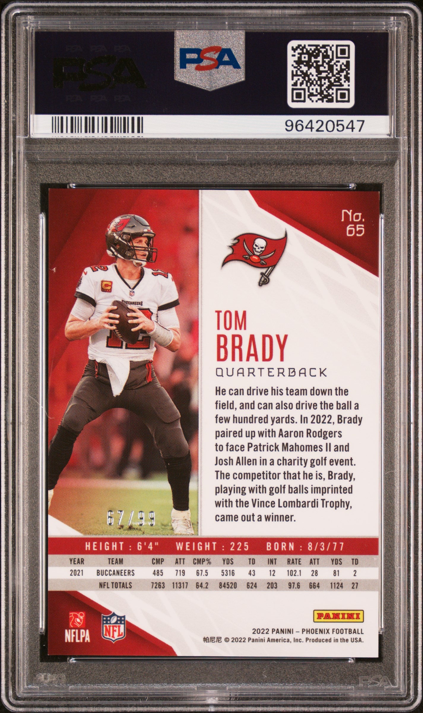 2022 Panini Phoenix Purple Lazer Tom Brady #65 /99 PSA 9