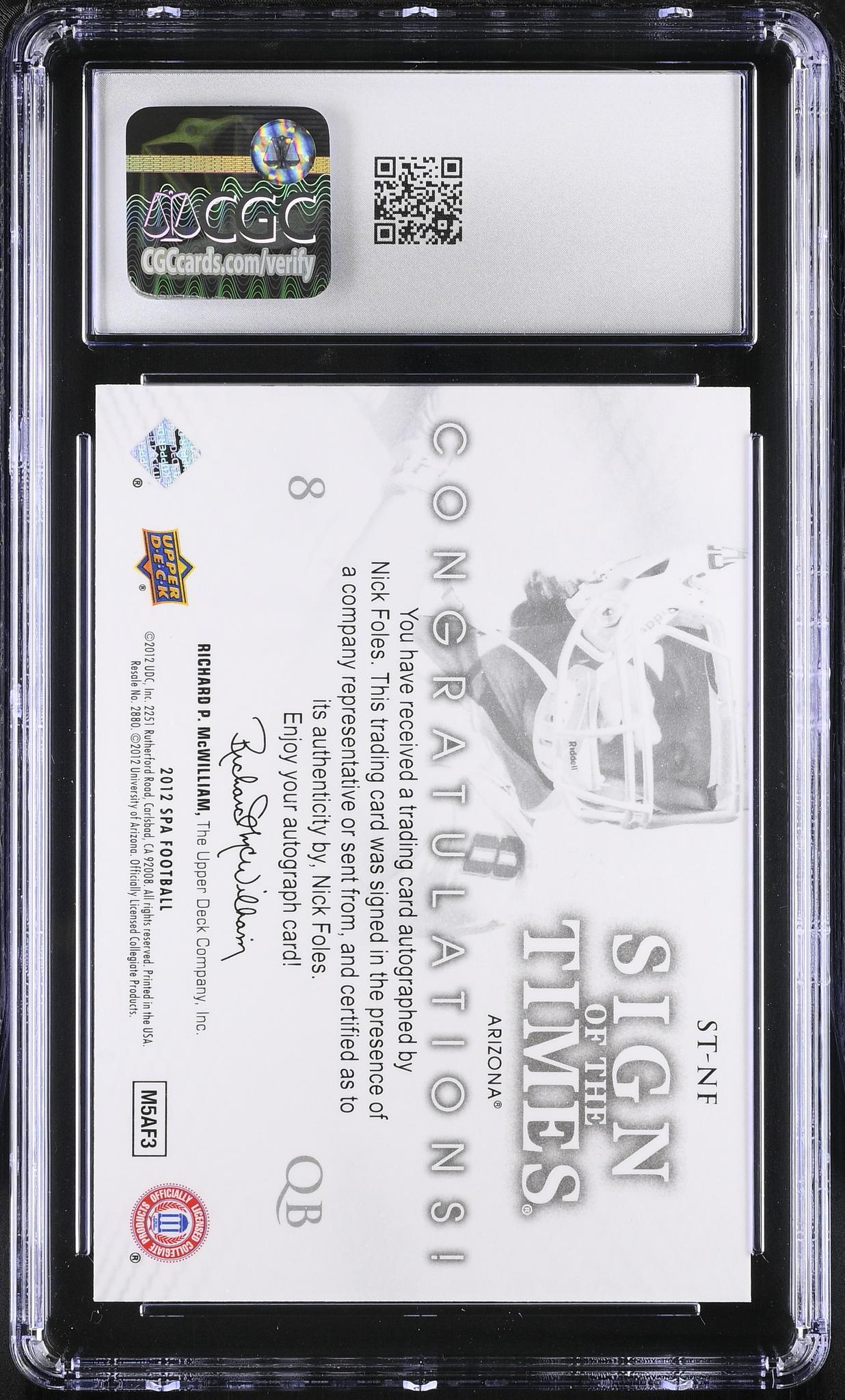 2012 SP Authentic #ST-NF Nick Foles Sign of the Times CGC 10