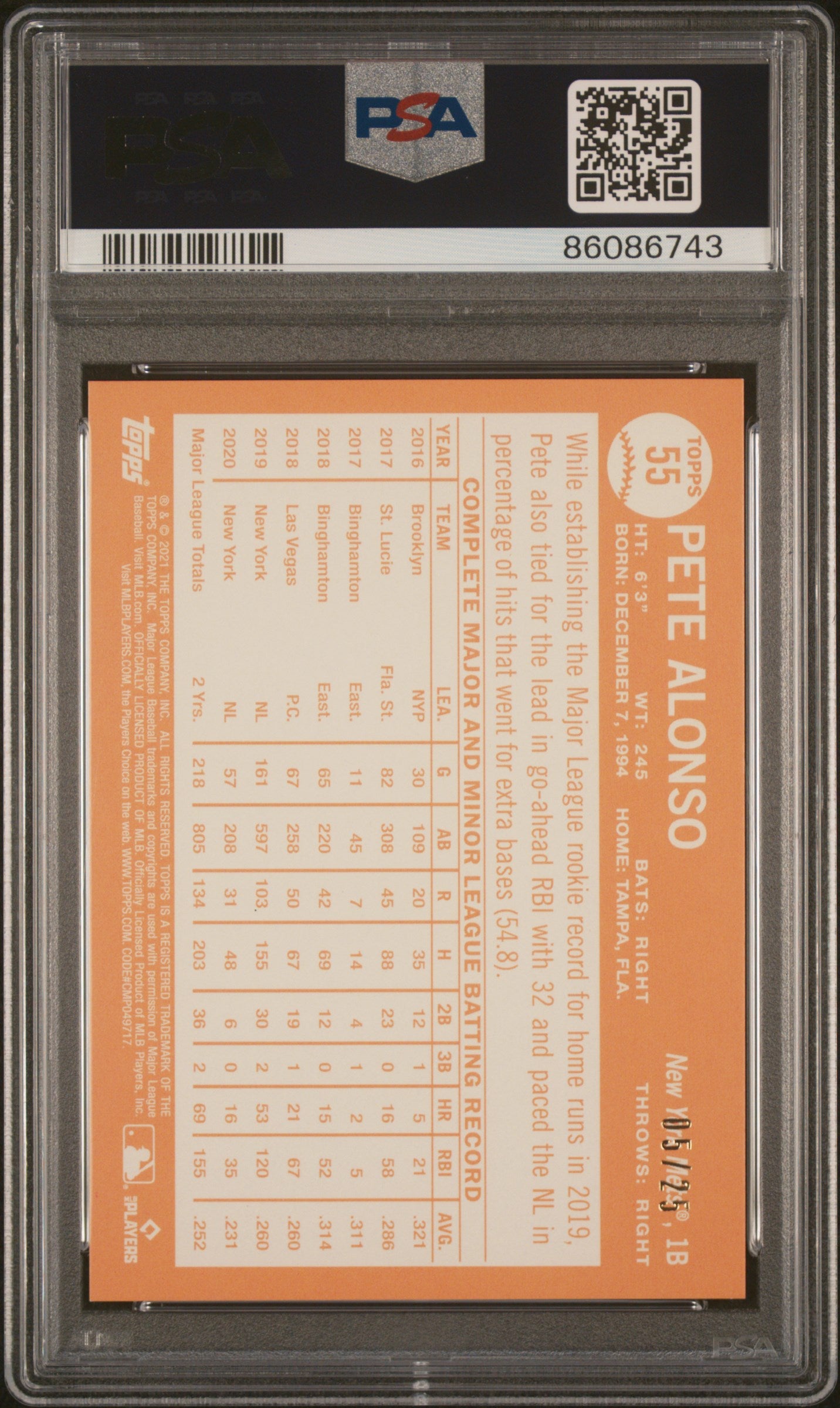 2021 Topps All-Star Rookie Cup Sp-Orange Holofractor Pete Alonso #55 /25 PSA 10