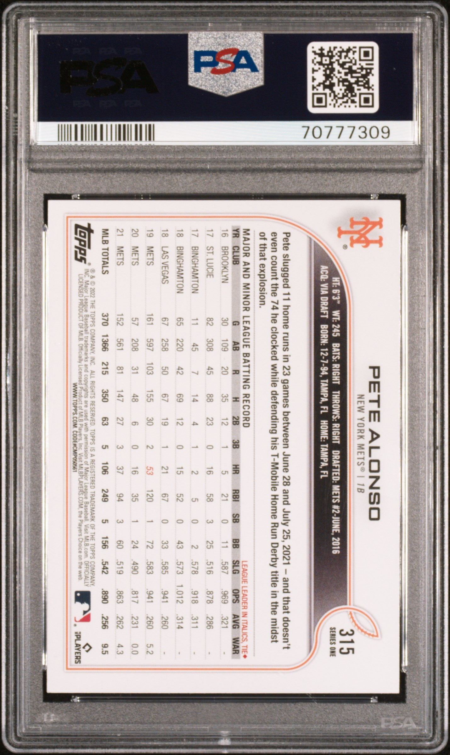 2022 Topps Ssp Pete Alonso #315 PSA 10