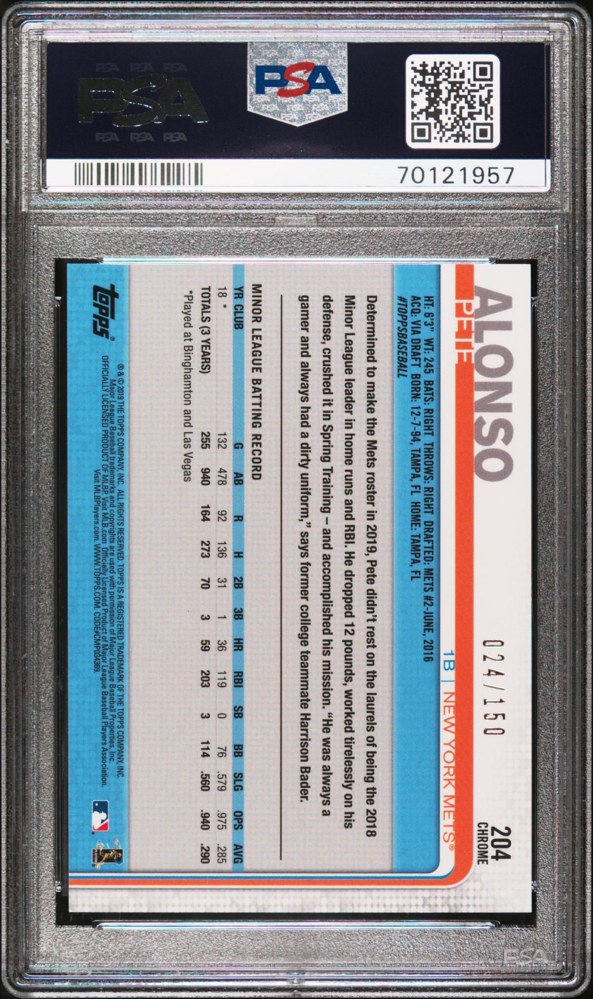 2019 Topps Chrome Blue Refractor Pete Alonso #204 /150 PSA 9