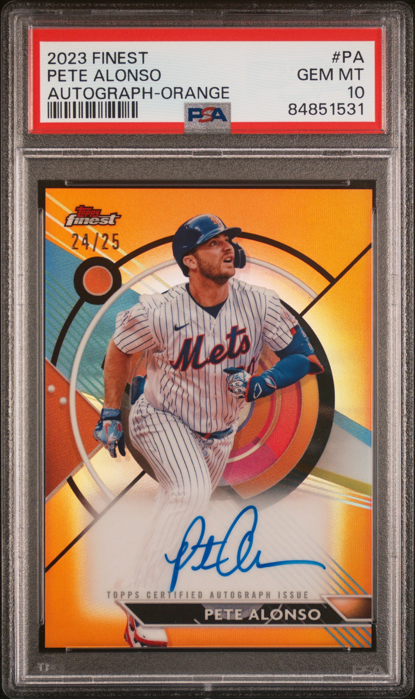 2023 Topps Finest Finest Autographs Orange Pete Alonso #PA /25 PSA 10