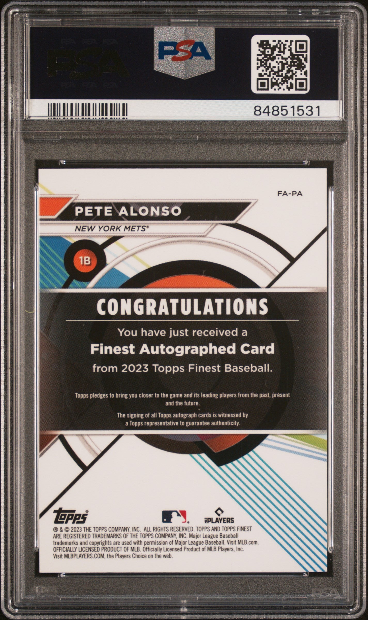 2023 Topps Finest Finest Autographs Orange Pete Alonso #PA /25 PSA 10