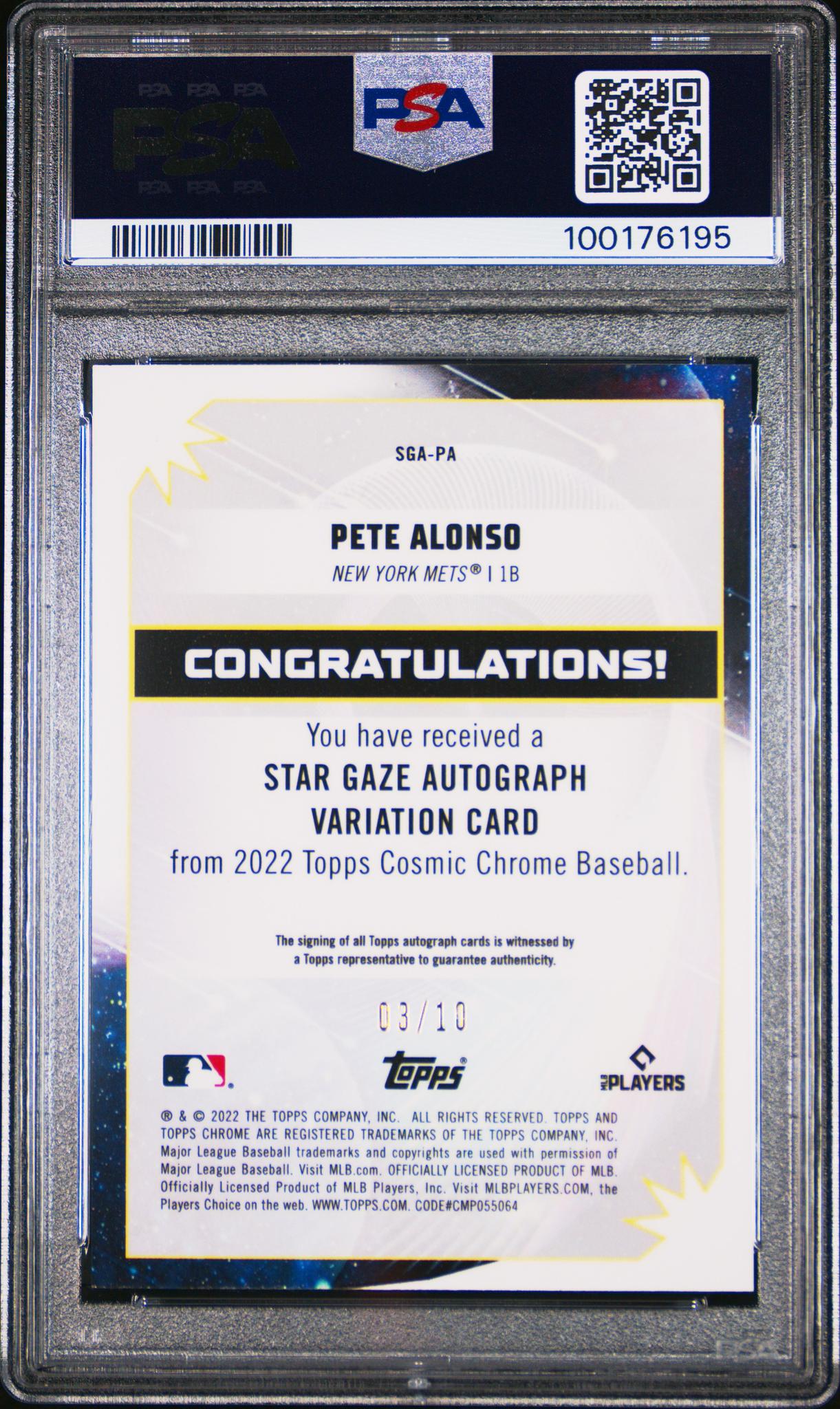 2022 Topps Cosmic Chrome Star Gaze Autographs Black Eclipse Refractor Pete Alonso #PA /10 PSA 9
