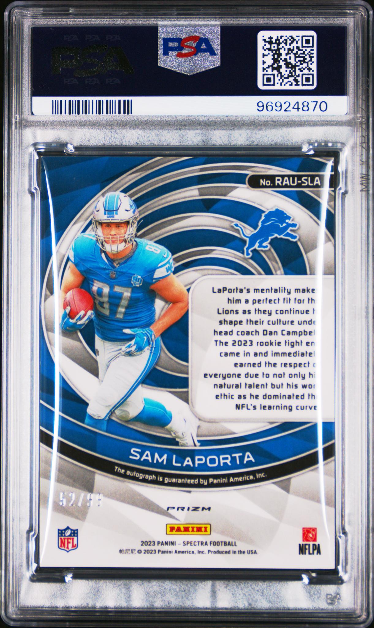 2023 Panini Spectra Rookie Autographs Sam Laporta #RAUSLA /75 PSA 9