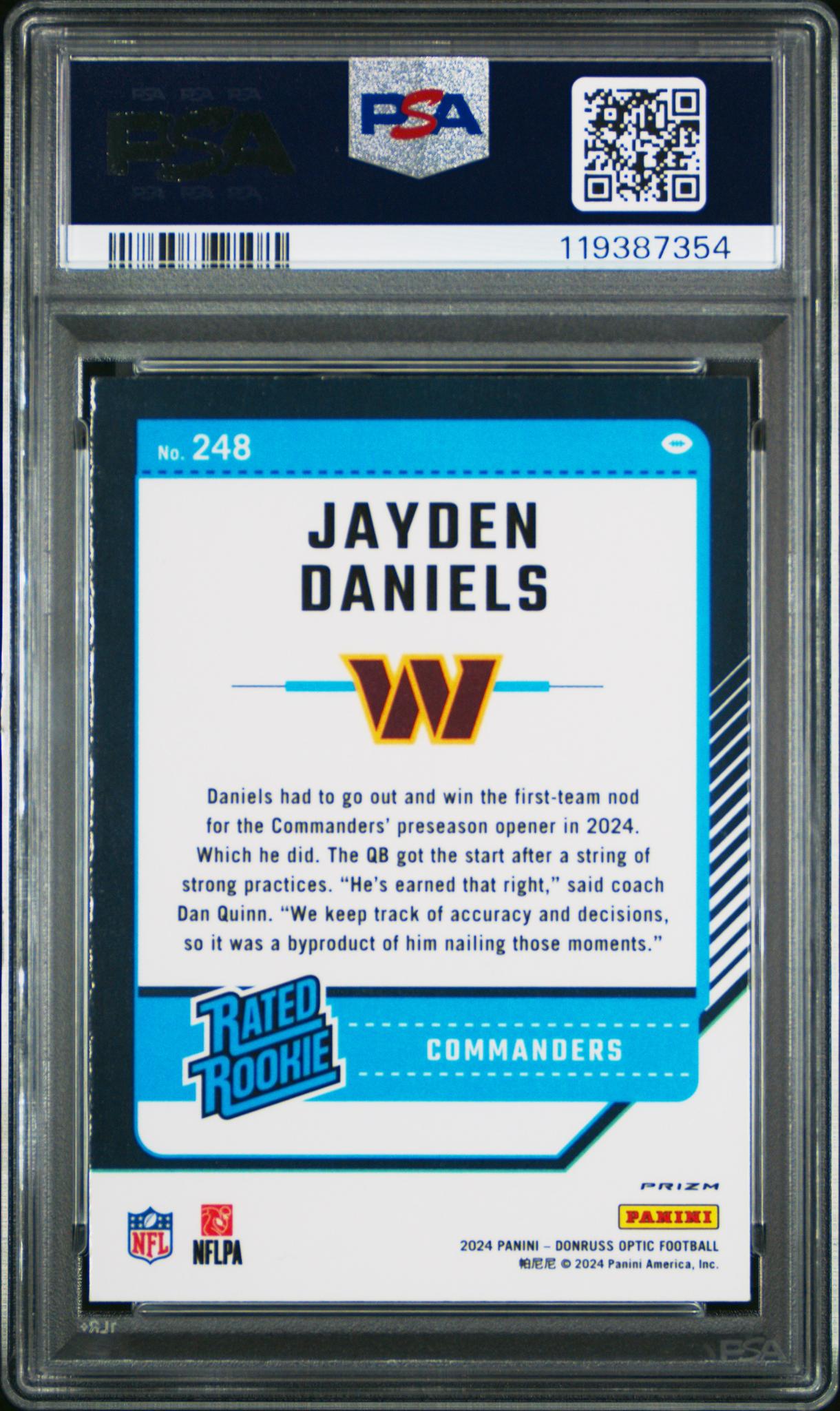 2024 Donruss Optic Rated Rookie Purple Shock Jayden Daniels #248 PSA 9