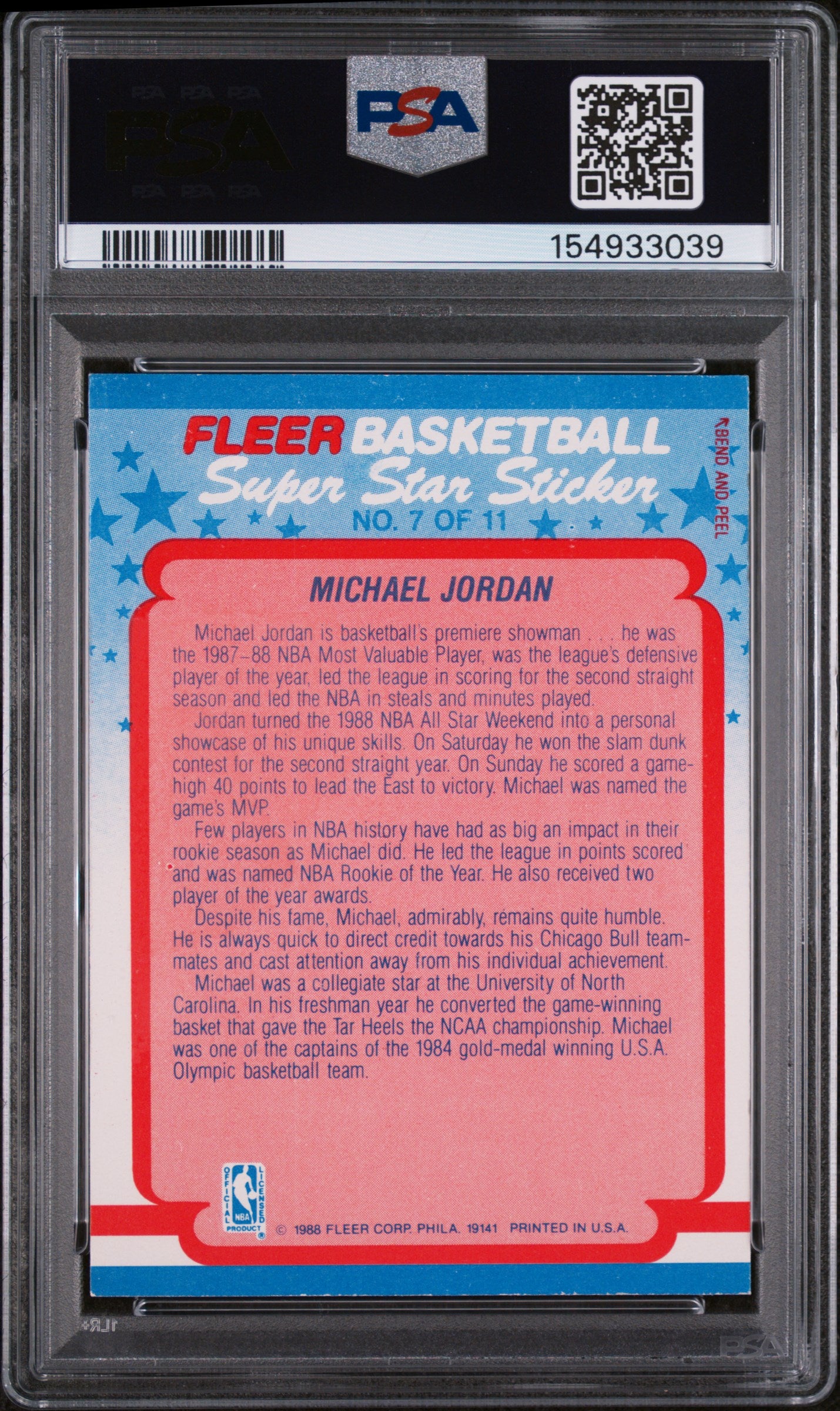 1988 Fleer Super Star Sticker Michael Jordan #7 PSA 5