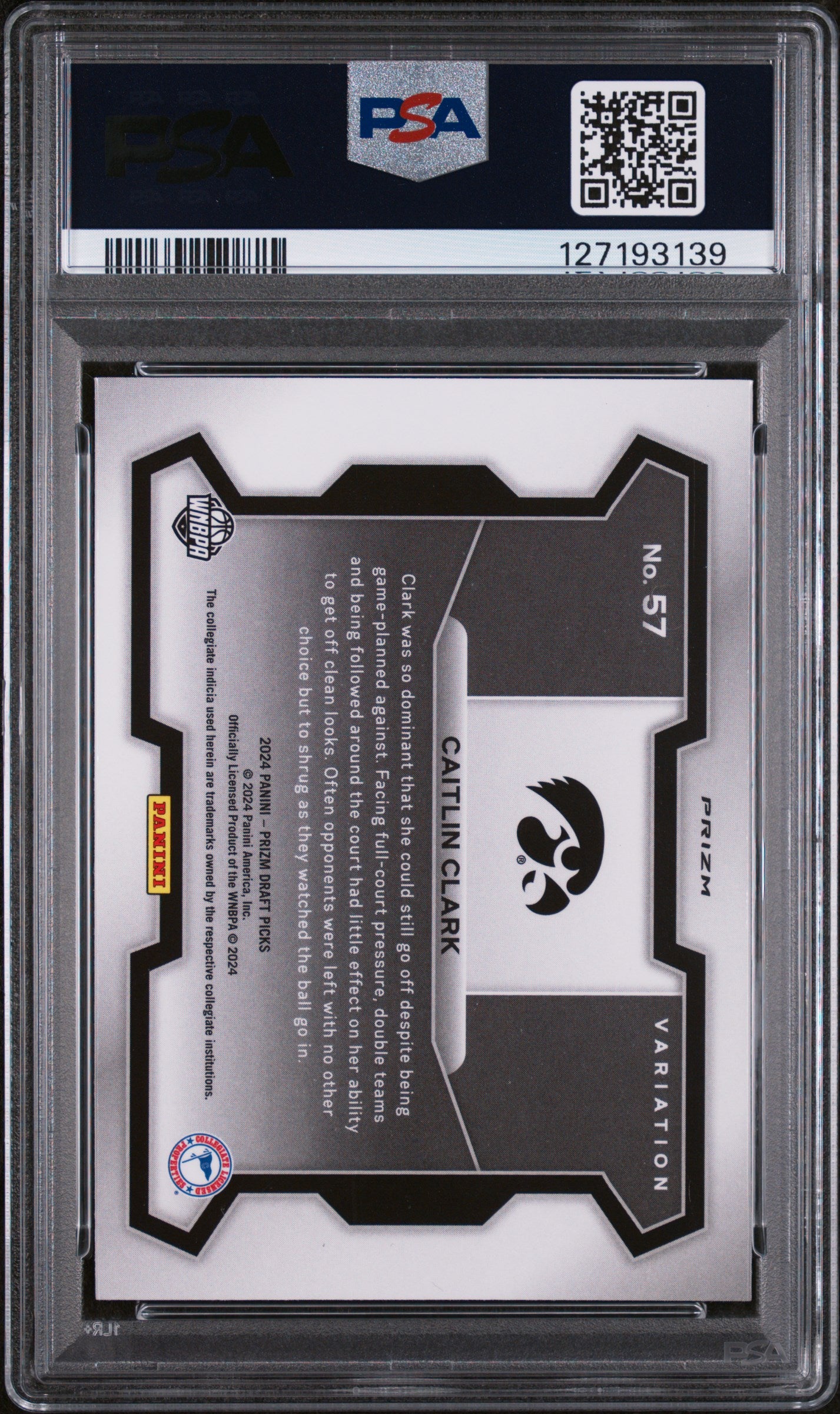 2024 Panini Prizm Draft Picks Variation Silver Prizm Caitlin Clark #57 PSA 9