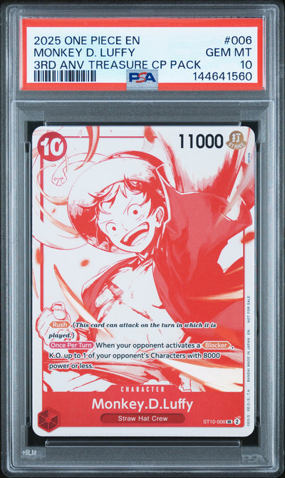 One Piece Card Game Monkey D. Luffy #006 3rd Anv Treasure CP Pack PSA 10