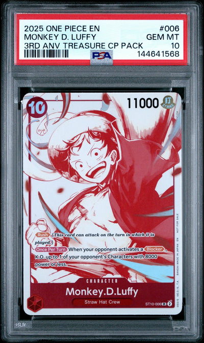 2025 One Piece Promo 3rd Anniversary Treasure Campaign Pack Monkey D. Luffy #ST10006 PSA 10