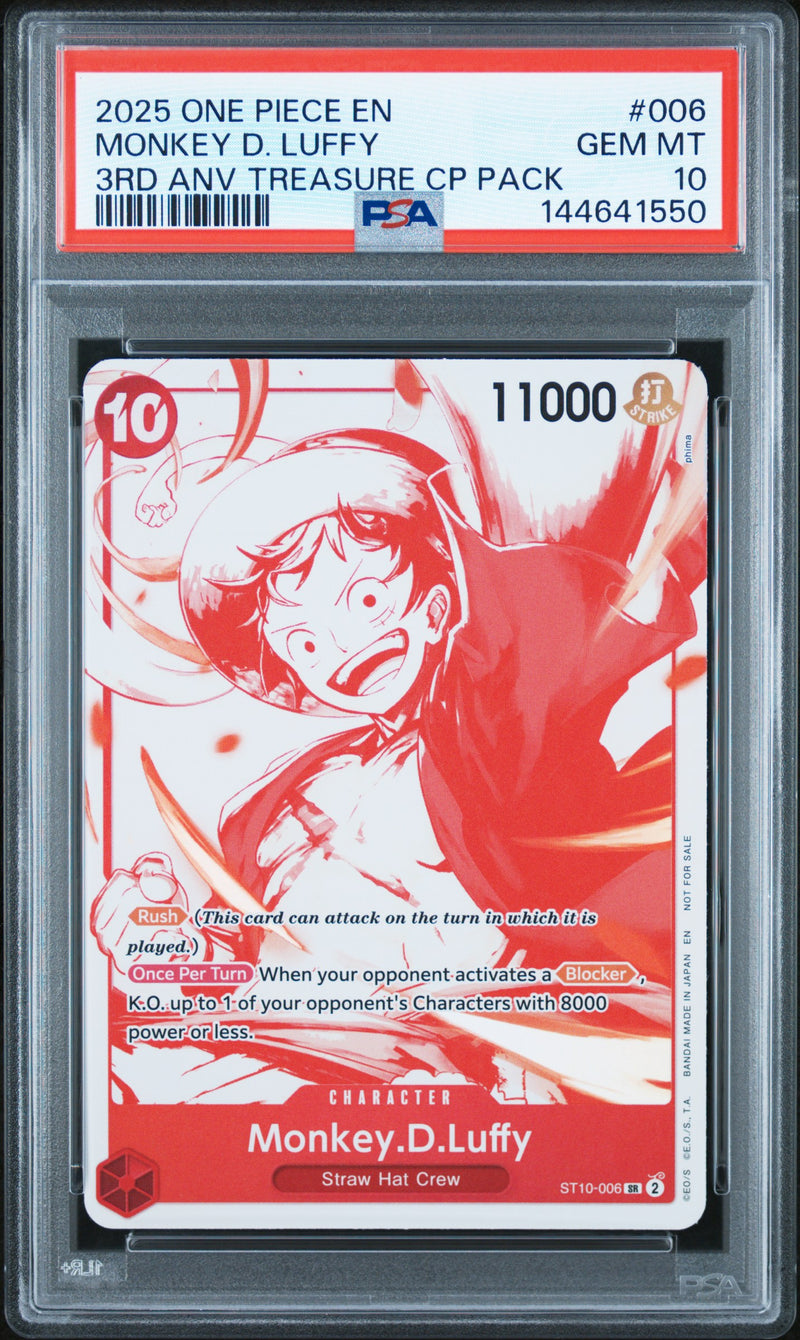 2025 One Piece Promo 3rd Anniversary Treasure Campaign Pack Monkey D. Luffy #ST10006 PSA 10