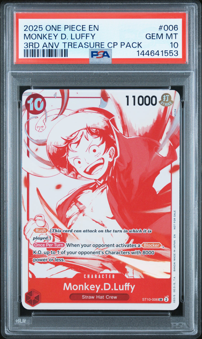 One Piece Card Game Monkey D. Luffy #006 3rd ANV Treasure CP Pack PSA 10