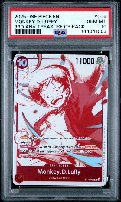 2025 One Piece Promo 3rd Anniversary Treasure Campaign Pack Monkey D. Luffy #ST10006 PSA 10