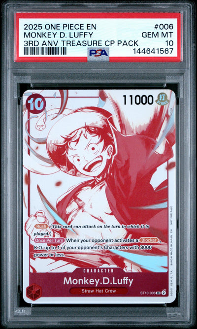 One Piece Card Game Monkey D. Luffy #006 3rd Anniversary Treasure CP Pack PSA 10