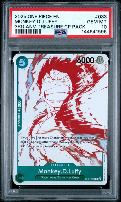 2025 One Piece Card Game Monkey D. Luffy #033 3rd Anniversary Treasure CP Pack PSA 10