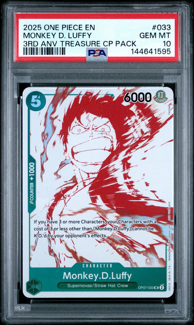 One Piece Card Game Monkey D. Luffy #033 3rd Anv Treasure CP Pack PSA 10