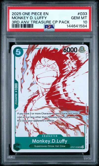 2025 One Piece Promo 3rd Anniversary Treasure Campaign Pack Monkey D. Luffy #OP07-033 PSA 10