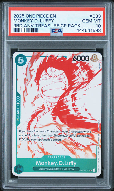 2025 One Piece Promo 3rd Anniversary Treasure Campaign Pack Monkey D. Luffy #OP07-033 PSA 10