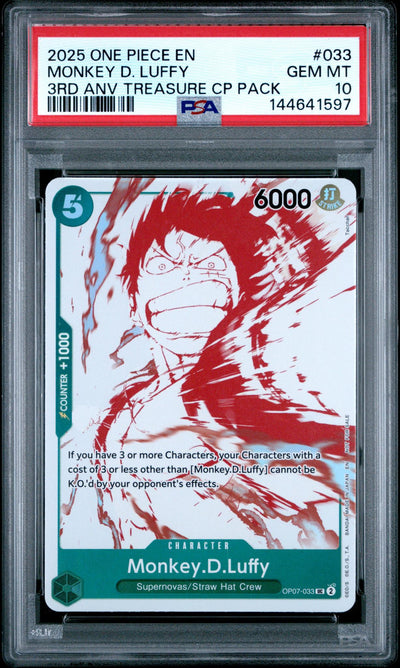 One Piece Card Game Monkey D. Luffy #033 3rd Anv Treasure CP Pack PSA 10