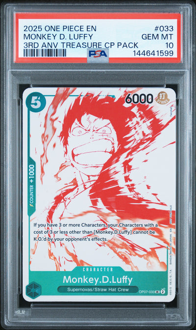 One Piece Card Game Monkey.D.Luffy #033 3rd Anv Treasure CP Pack PSA 10