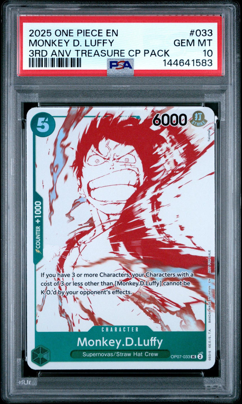 2025 One Piece Promo 3rd Anniversary Treasure Campaign Pack Monkey D. Luffy #OP07-033 PSA 10