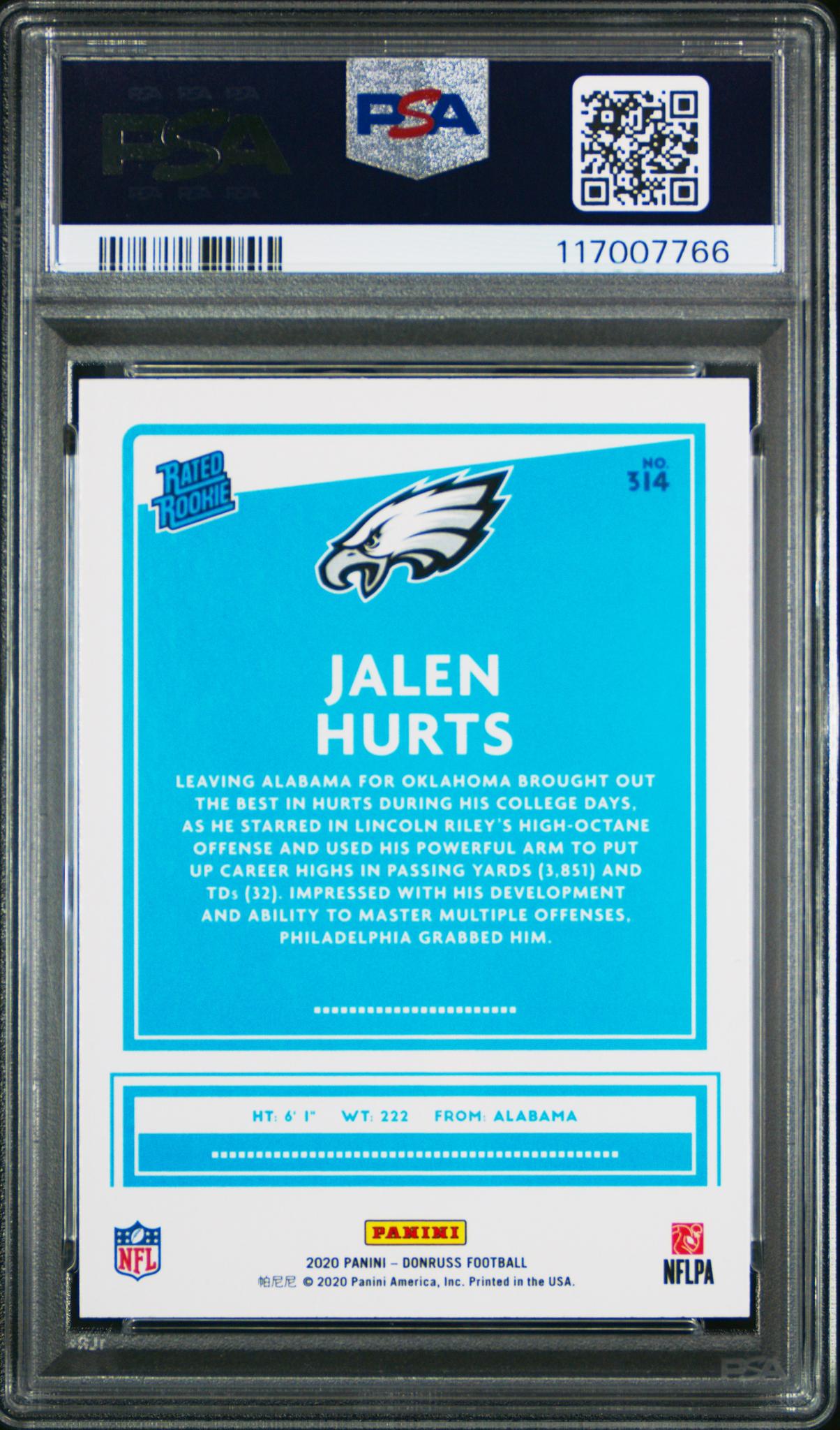 2020 Panini Donruss Rated Rookie Jalen Hurts #314 PSA 10