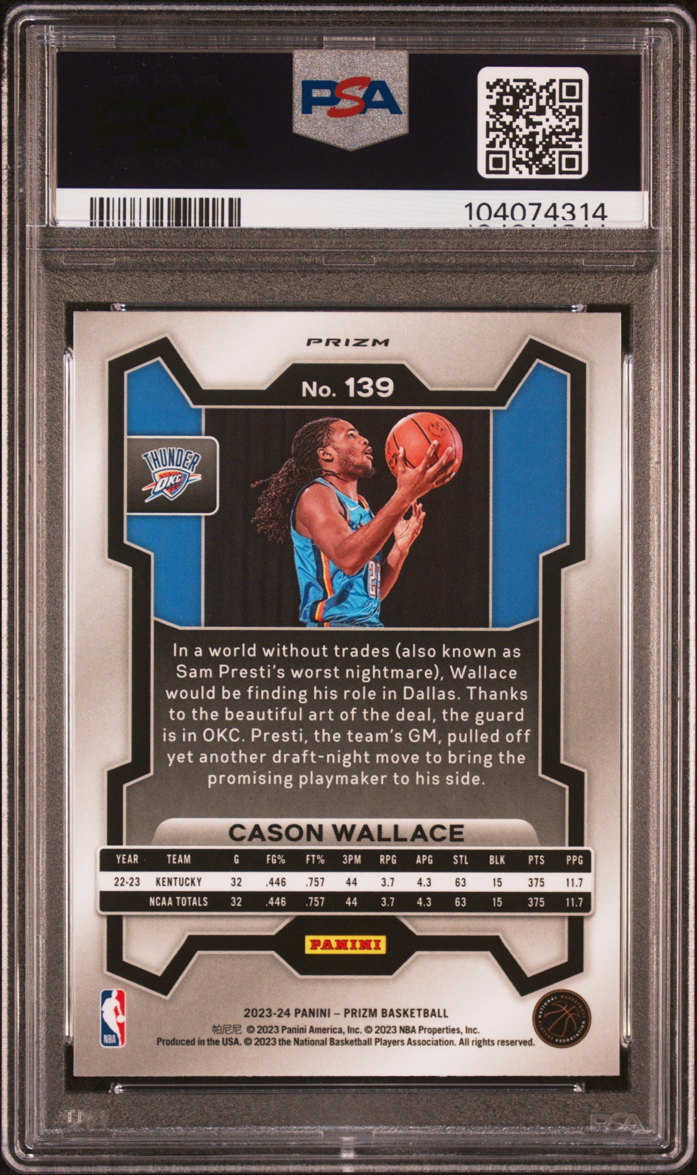 2023 Panini Prizm Fast Break Cason Wallace #139 PSA 10