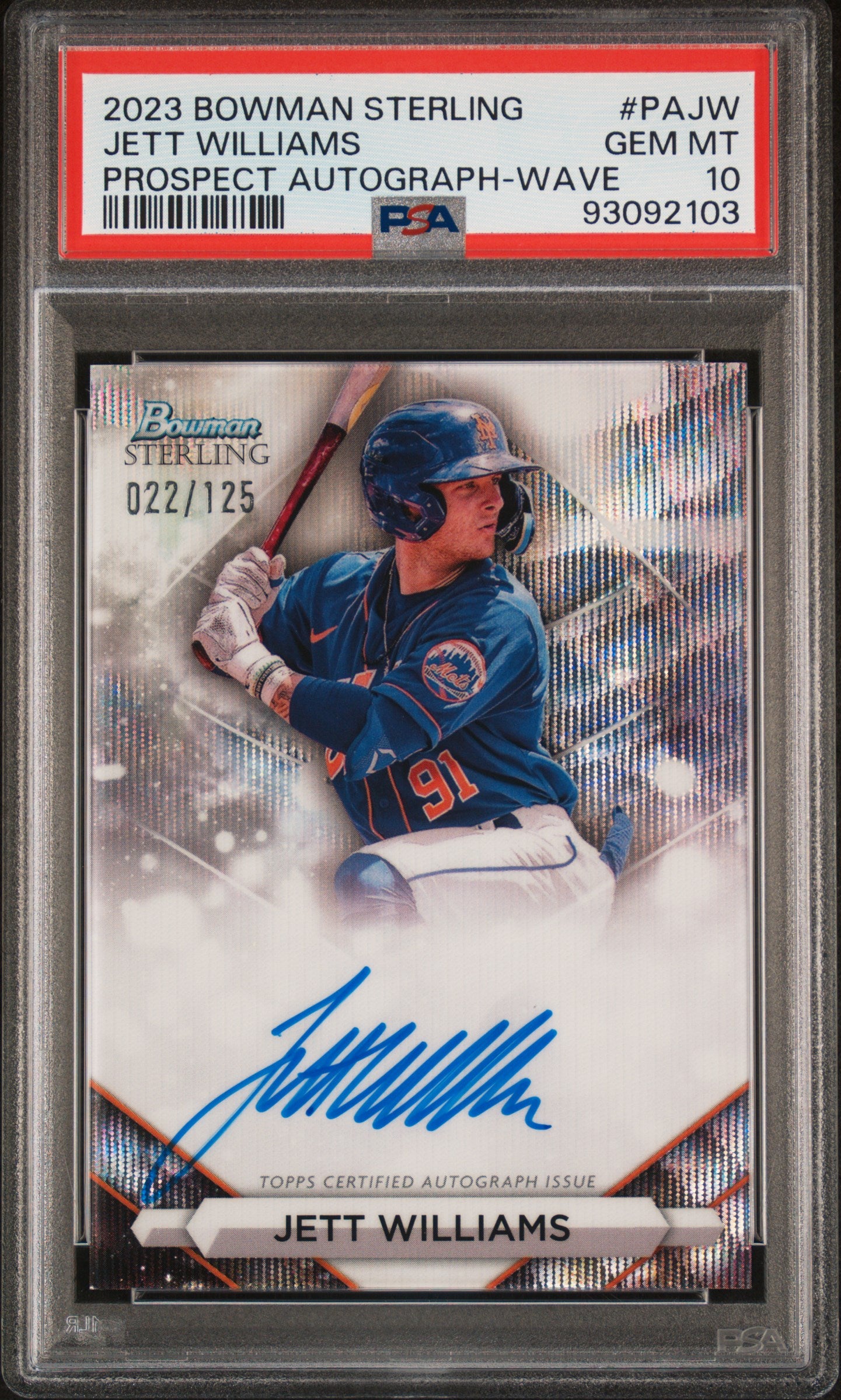 2023 Bowman Sterling Prospect Autographs Wave Refractor Jett Williams #PAJW /125 PSA 10