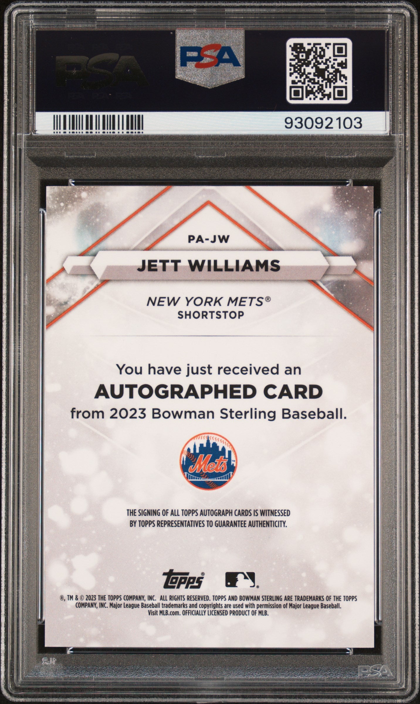 2023 Bowman Sterling Prospect Autographs Wave Refractor Jett Williams #PAJW /125 PSA 10