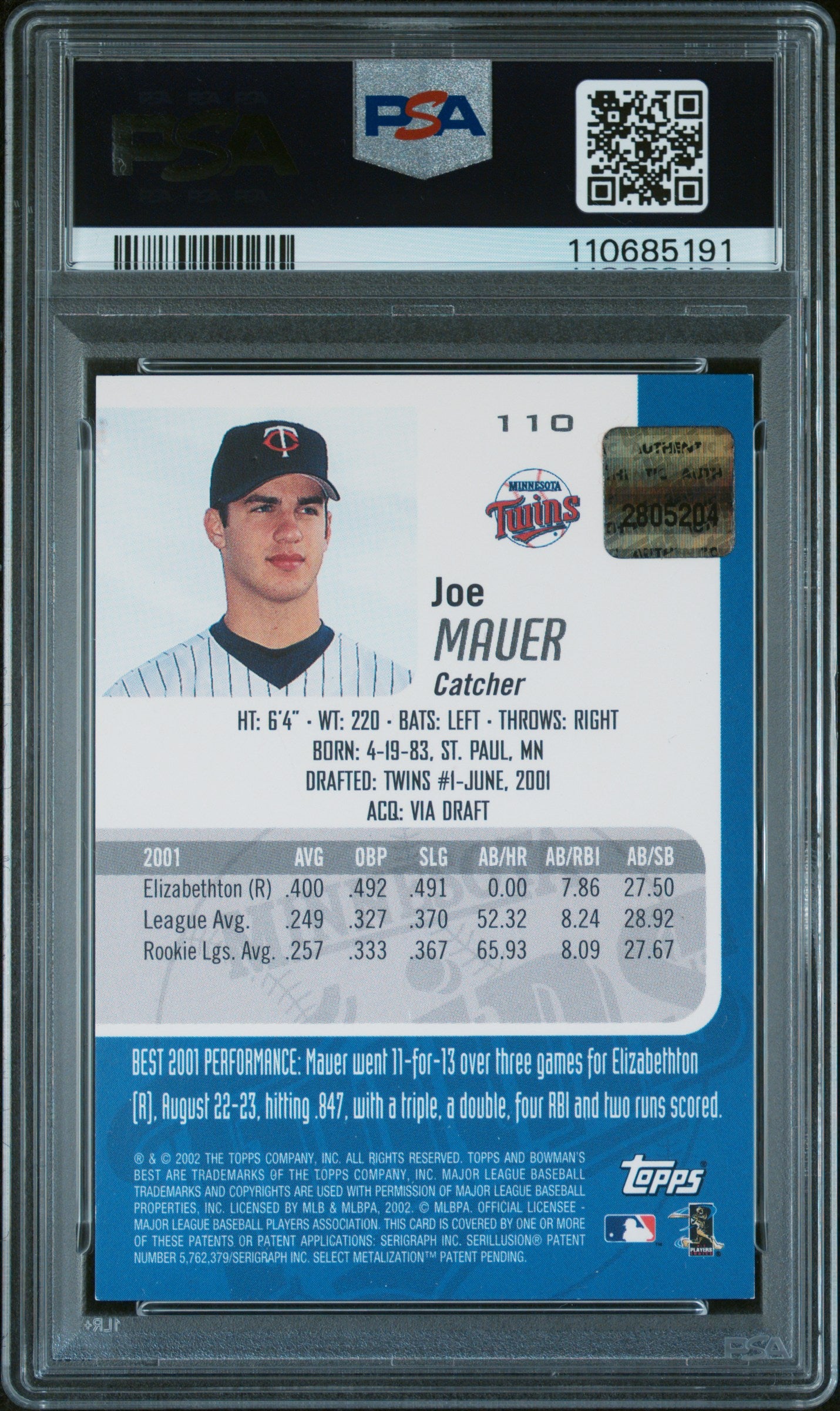 2002 Bowman's Best Autograph Joe Mauer #110 PSA 8