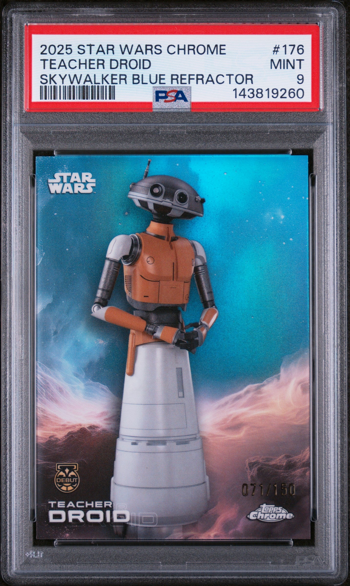 2025 Topps Chrome Star Wars Skywalker Blue Refractor Teacher Droid #176 PSA 9