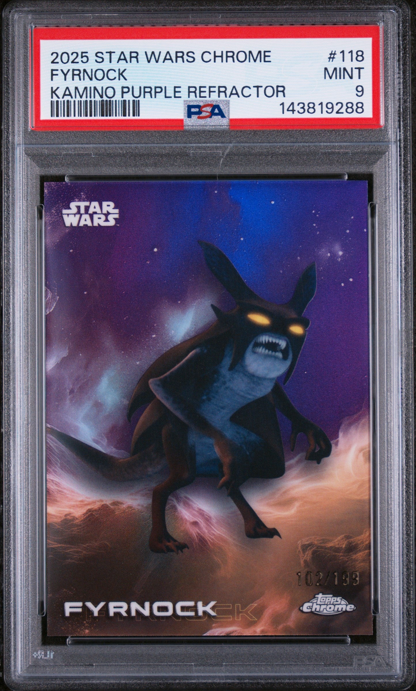 2025 Topps Chrome Star Wars Kamino Purple Refractor Fyrnock #118 /193 PSA 9