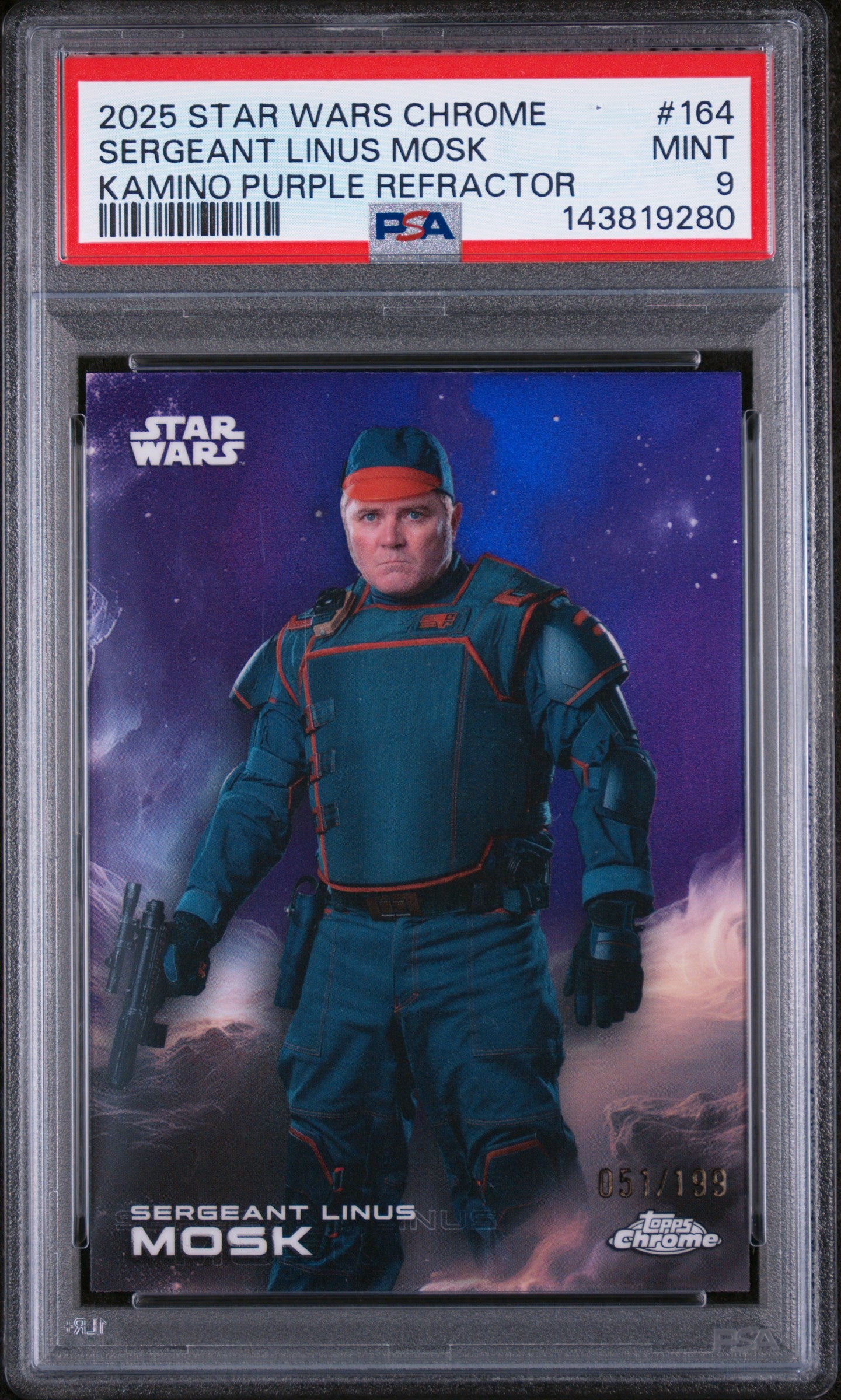 2025 Topps Chrome Star Wars Kamino Purple Refractor Sergeant Linus Mosk #164 /193 PSA 9