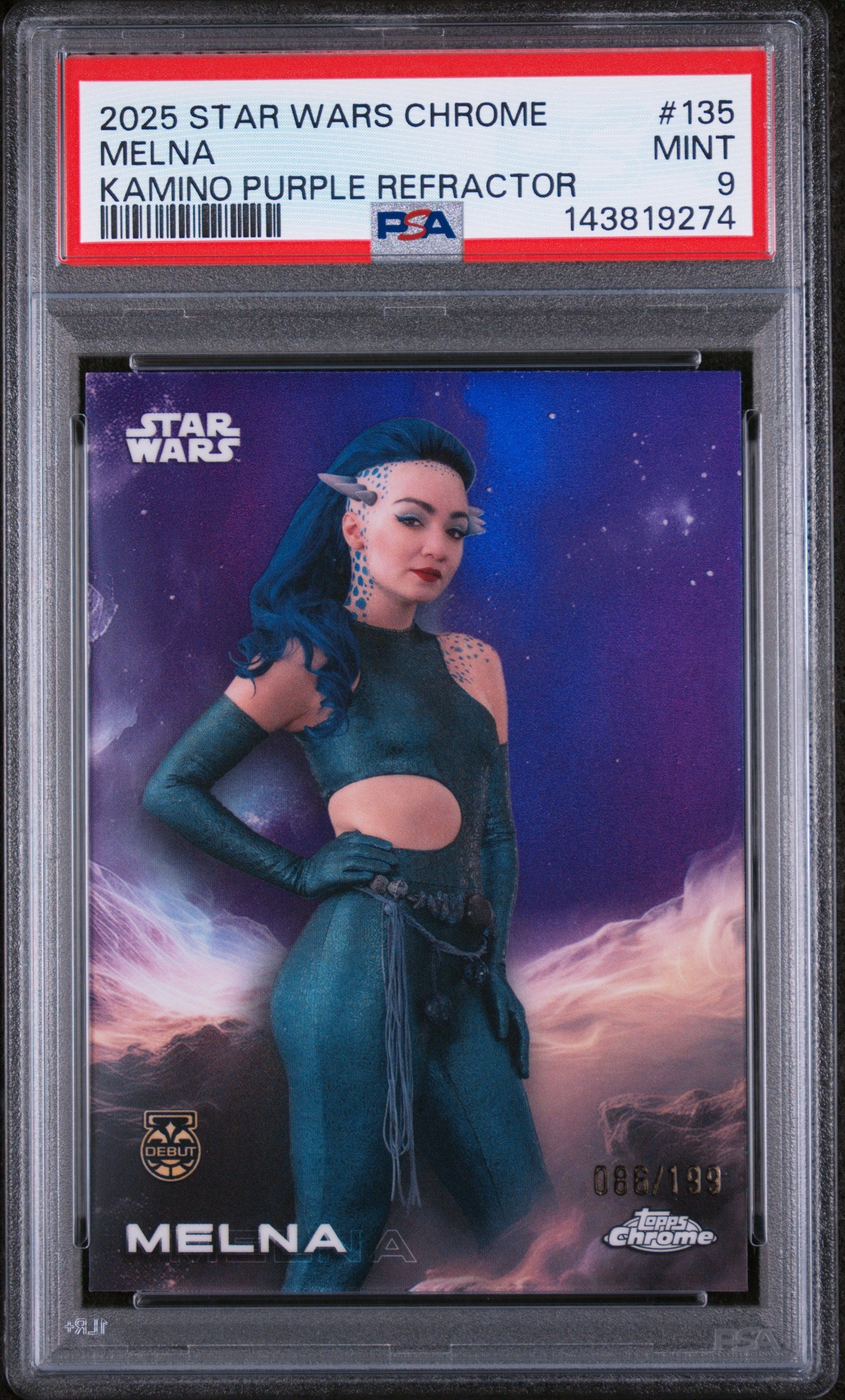2025 Topps Chrome Star Wars Kamino Purple Refractor Melna #135 /199 PSA 9