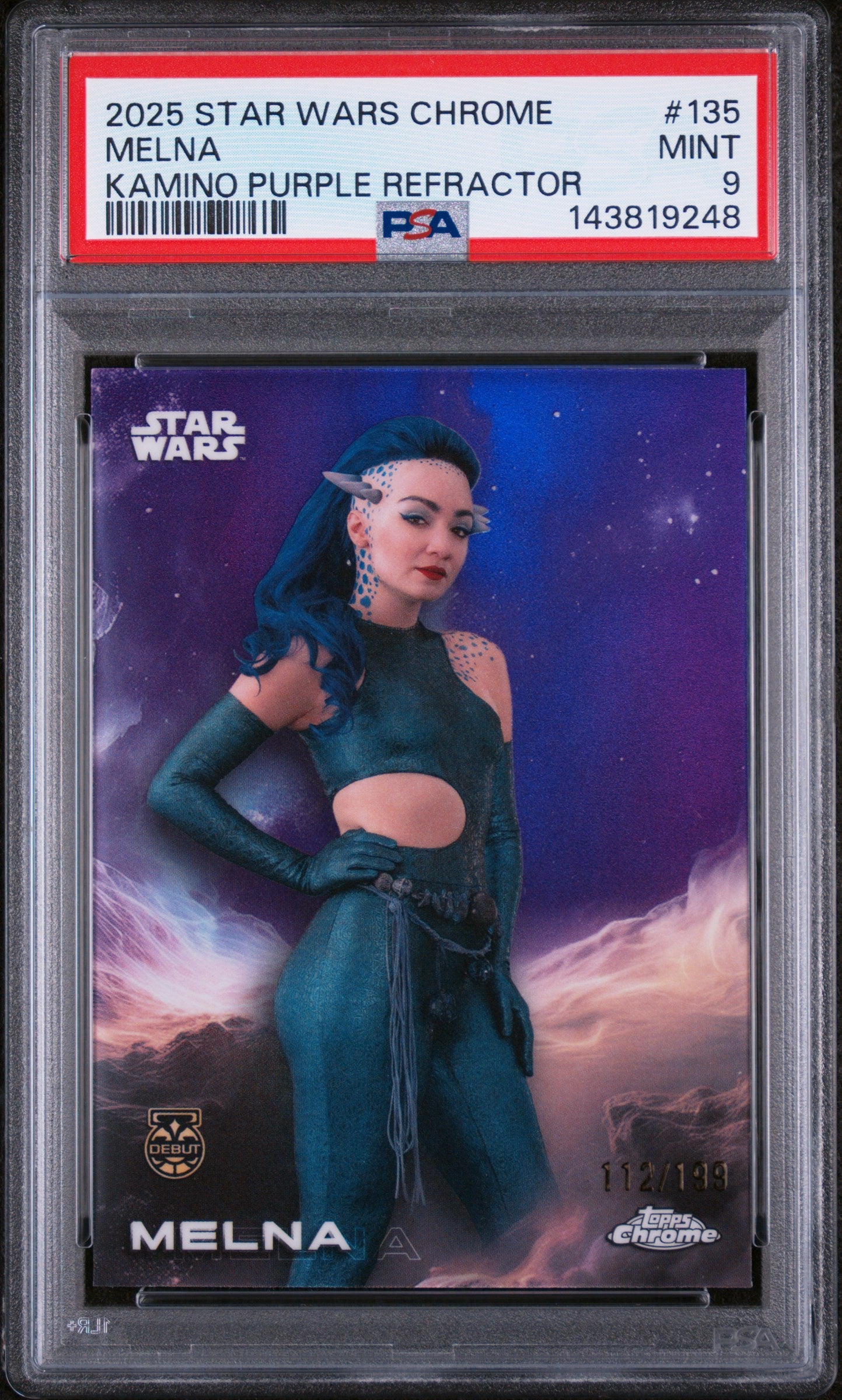 2025 Topps Chrome Star Wars Kamino Purple Refractor Melna #135 /199 PSA 9