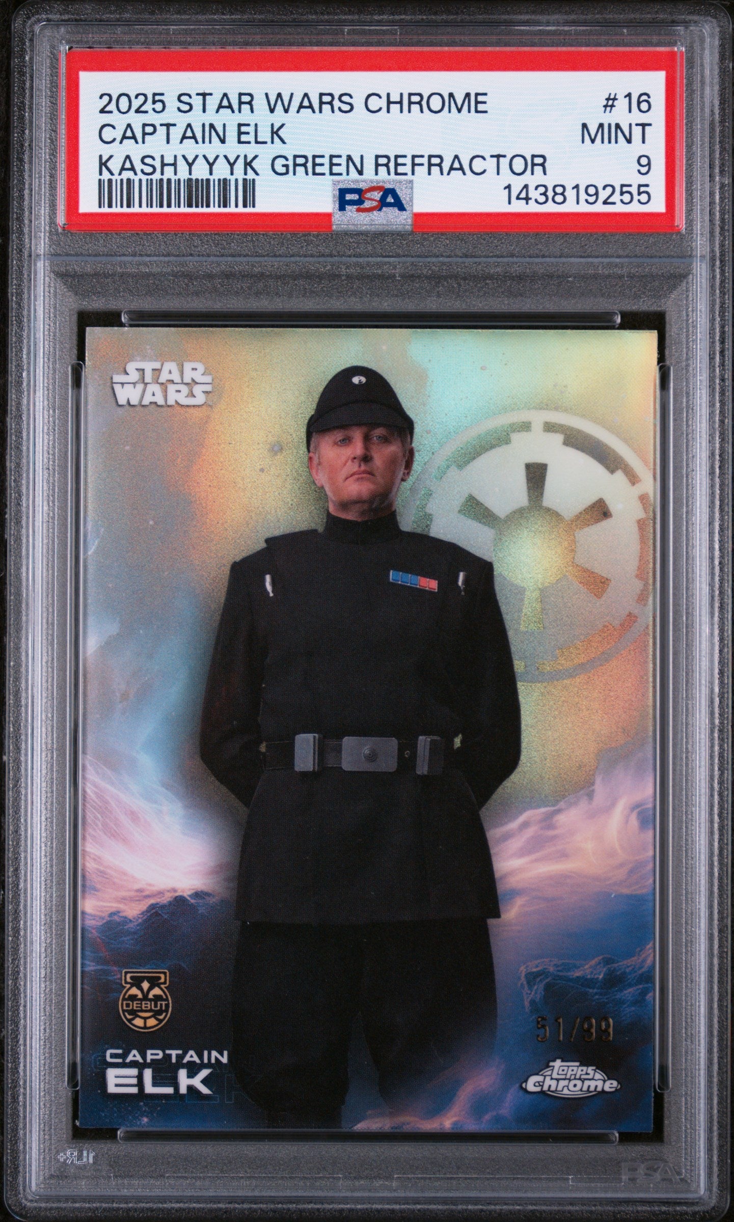 2025 Topps Chrome Star Wars Kashyyyk Green Refractor Captain Elk #16 /99 PSA 9