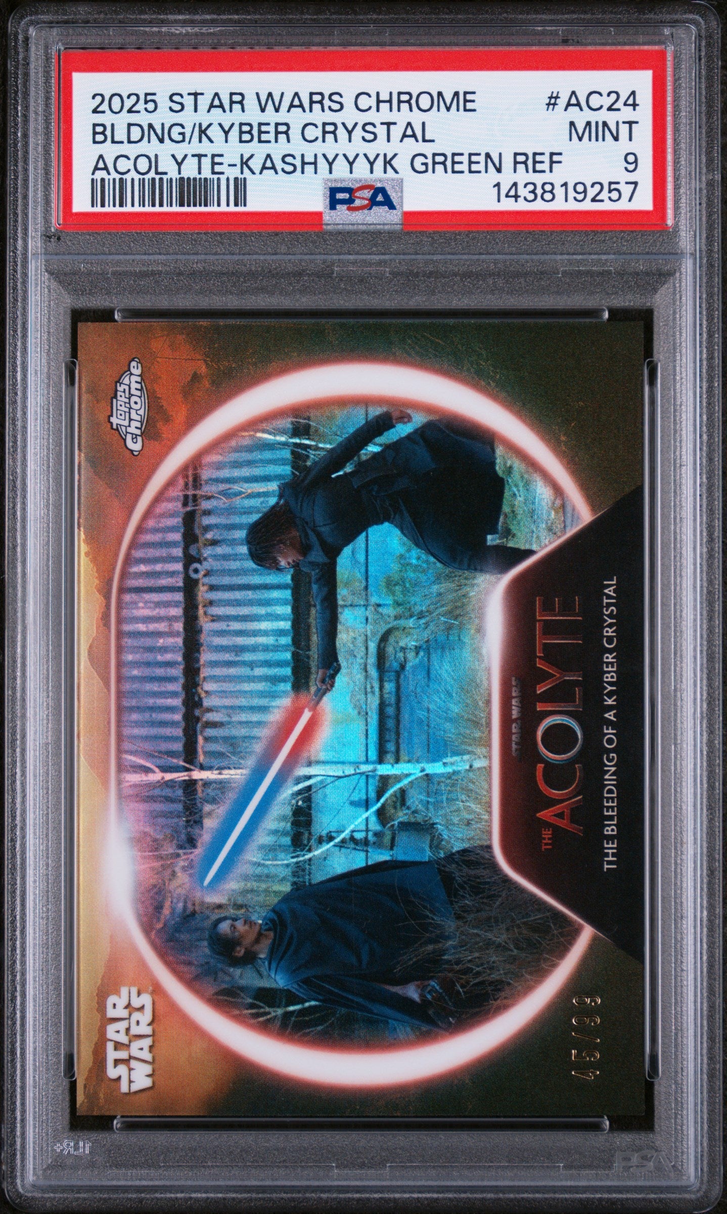 2025 Topps Chrome Star Wars Acolyte Kashyyyk Green Ref Bldng/Kyber Crystal #AC24 /99 PSA 9