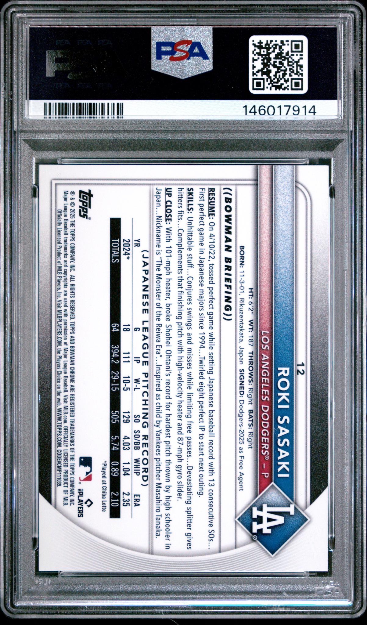 2025 Bowman Chrome Mega Box Prospects Red Refractor Roki Sasaki #12 /5 PSA 8
