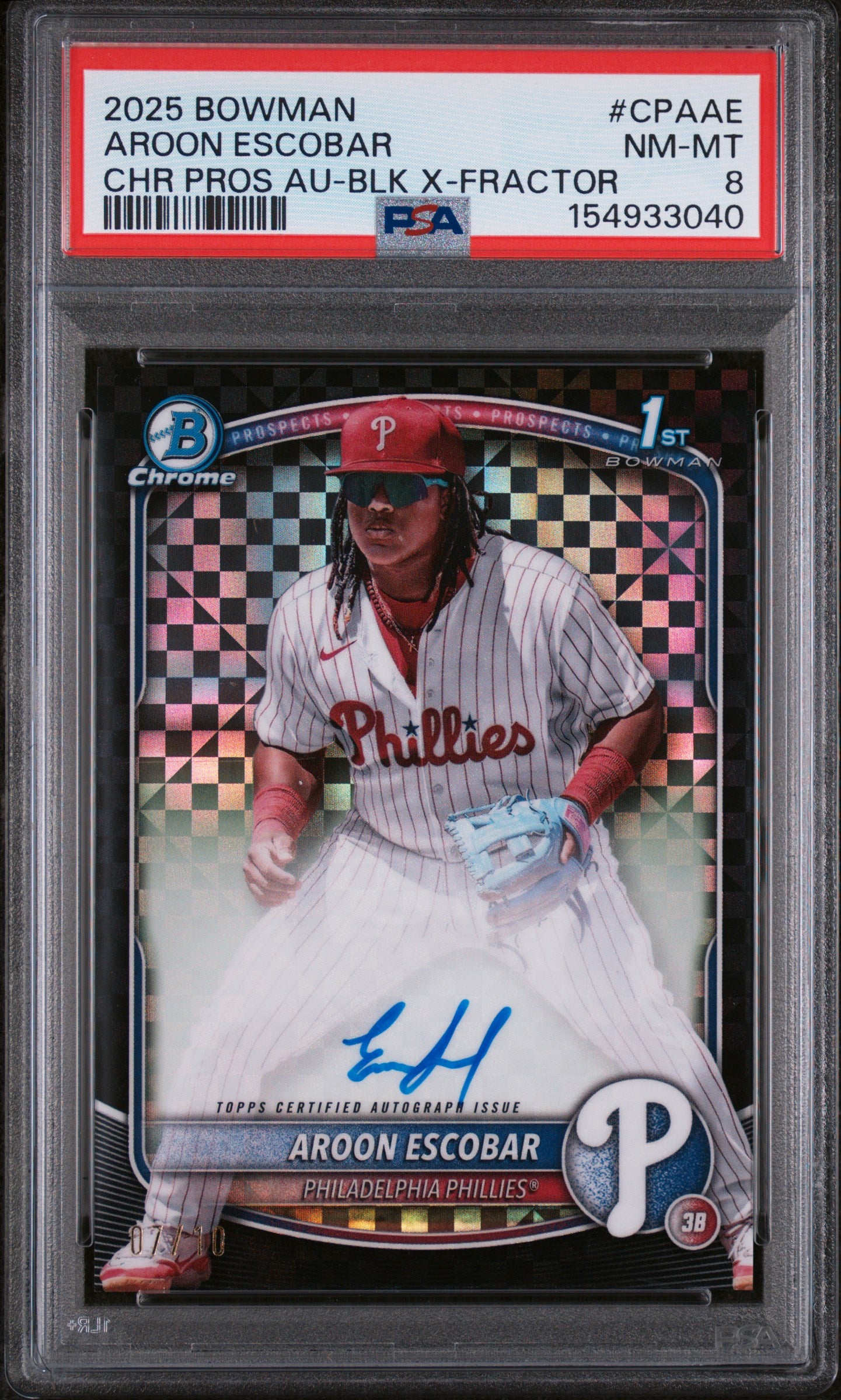 2025 Chrome Prospect Autographs Black X-Fractors Aroon Escobar #CPAAE /10 PSA 8