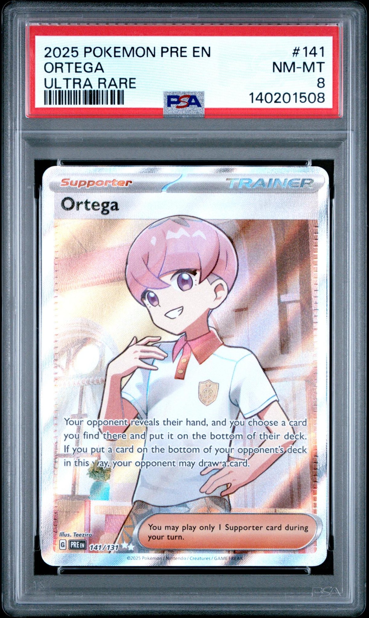 2025 Pokemon Prismatic Evolutions Ultra Rare Ortega #141 PSA 8