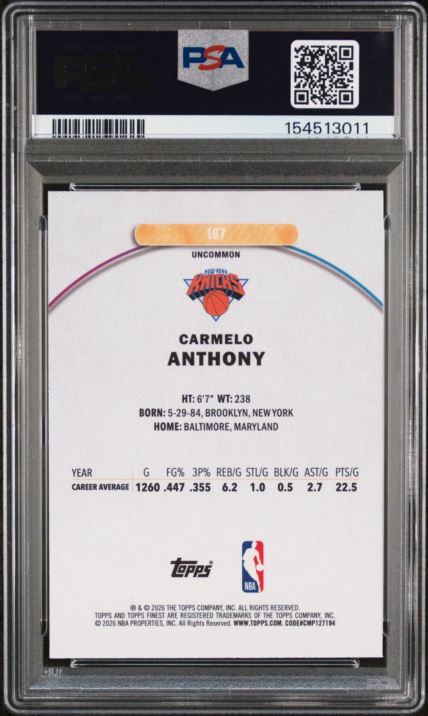 2025 Topps Finest Blue Refractor Carmelo Anthony #197 /150 PSA 10
